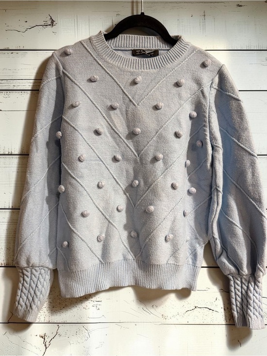 Simple Sweaters - Simplee Pom Pom Sweater Sz L Light Blue Grey Textured Knit Bishop Sleeve Cozy